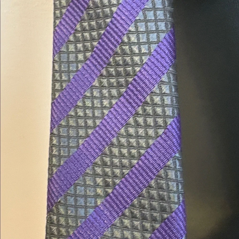 Valentino Gray Silver Purple Striped Thin Textured Necktie Tie
